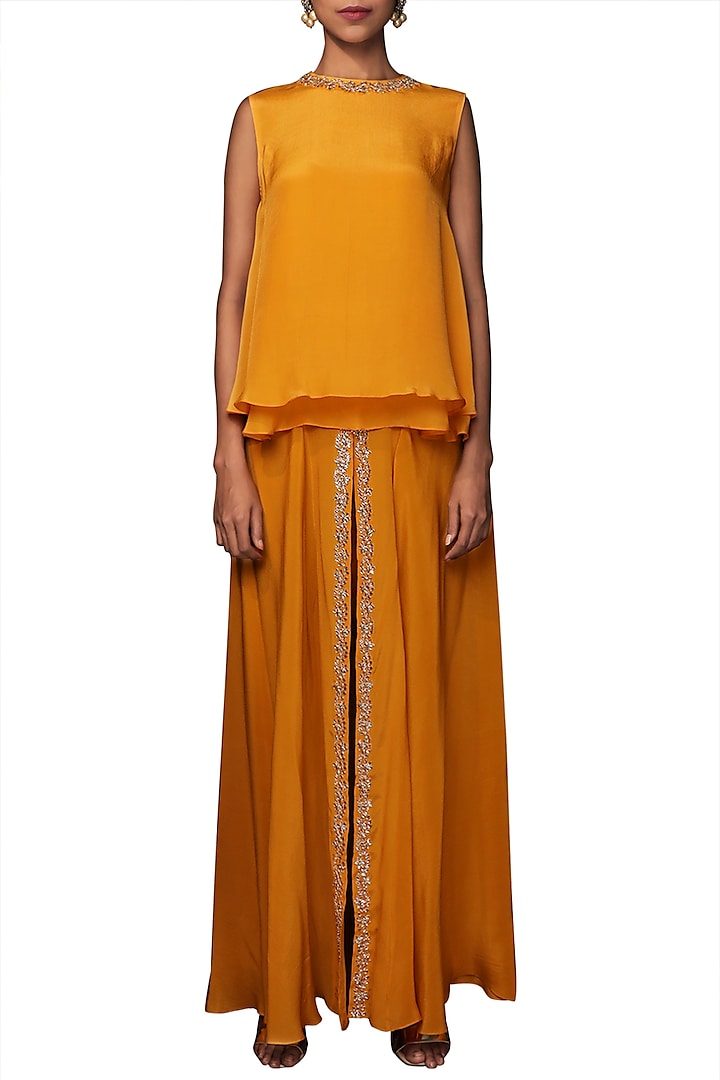 Lilly Ochre Embroidered Top With Sharara Pants by Nikasha