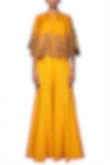 Lilly Ochre Embroidered Cape With Yellow Sharara Pants by Nikasha