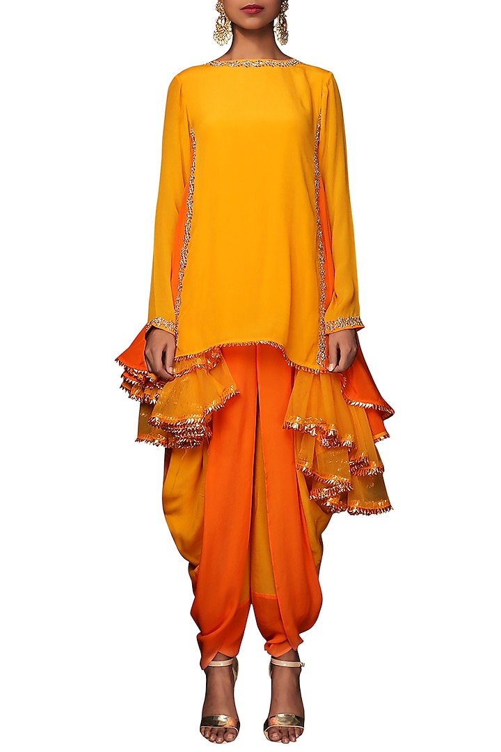 Haldi Yellow Embroidered Tunic With Dhoti Pants by Nikasha