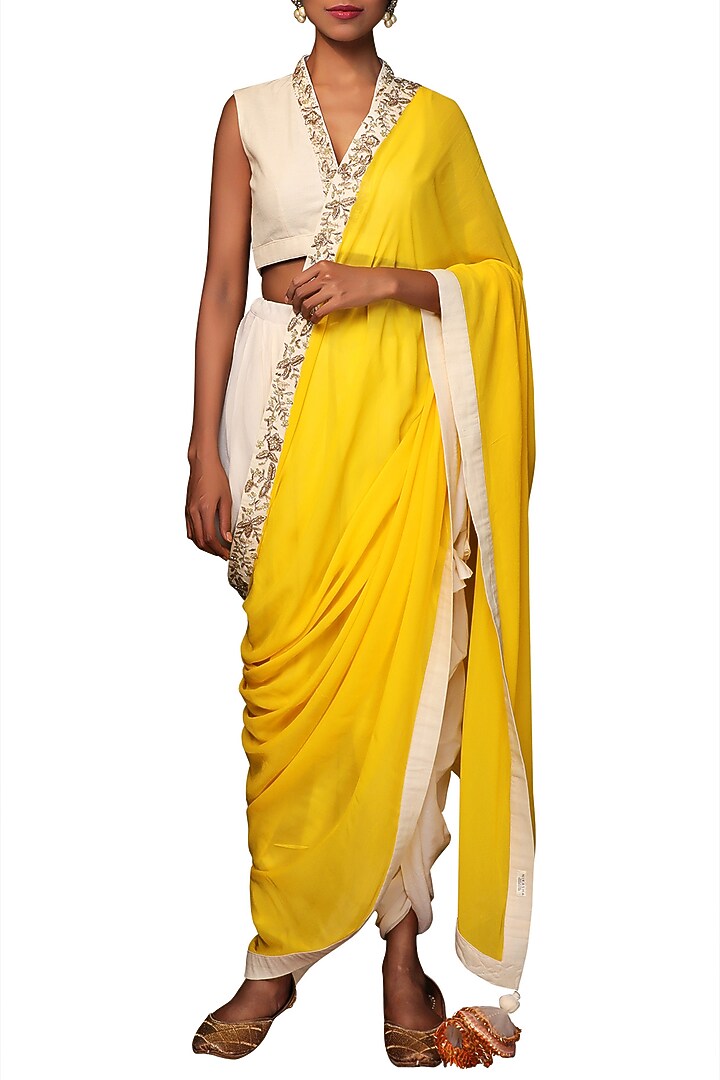 Ivory & Yellow Khadi Zardosi Embroidered Dhoti Party Wear Saree Set by Nikasha at Pernia's Pop Up Shop