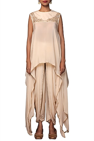 Caramel Embroidered Asymmetrical Tunic With Dhoti Pants by Nikasha