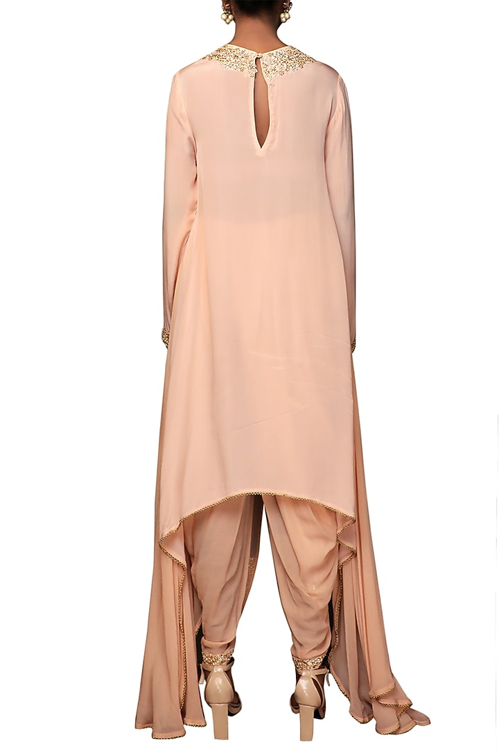 Blush Pink Embroidered Asymmetrical Tunic With Dhoti Pants by Nikasha at Pernia's Pop Up Shop