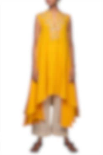 Yellow Embroidered Tunic With Cropped Pants by Nikasha