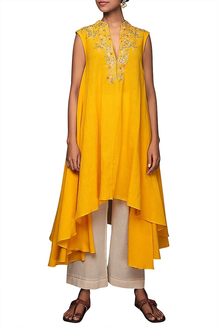 Yellow Embroidered Tunic With Cropped Pants by Nikasha at Pernia's Pop Up Shop