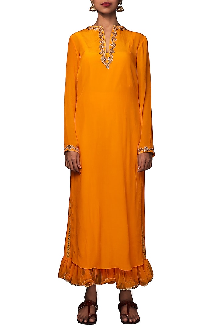 Lilly Ochre Embroidered Kurta With Cropped Pants by Nikasha