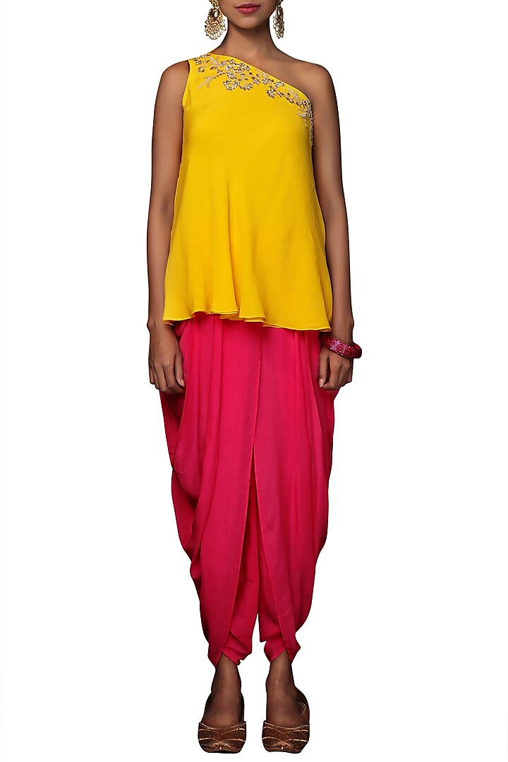 Yellow Embroidered Top With Rani Pink Dhoti Pants by Nikasha