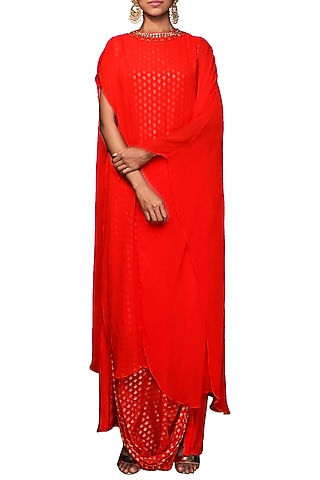 Coral Embroidered Kaftan With Hand Painted Inner & Cowl Skirt by Nikasha
