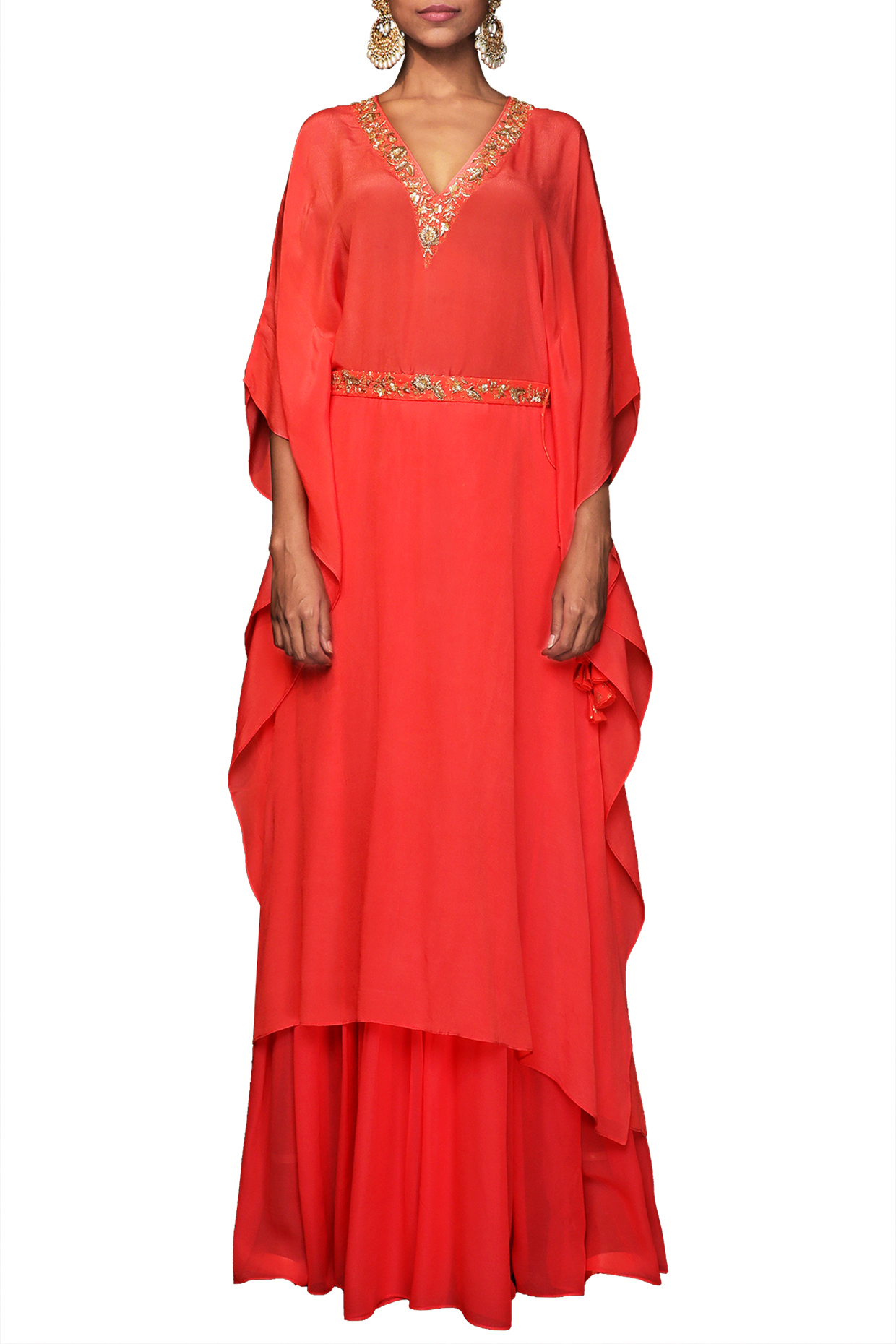 Fuchsia Pink Embroidered Kaftan With Party Wear Sharara Pants & Belt by Nikasha at Pernia's Pop Up Shop