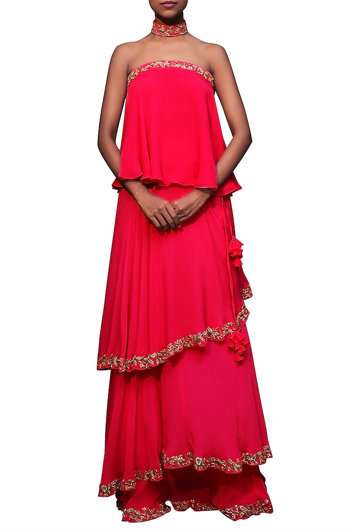 Rani Pink Embroidered Lehenga Skirt With Off Shoulder Top by Nikasha