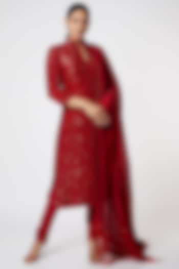 Red Chiffon Silk Embroidered Kurta Set by Nakul Sen