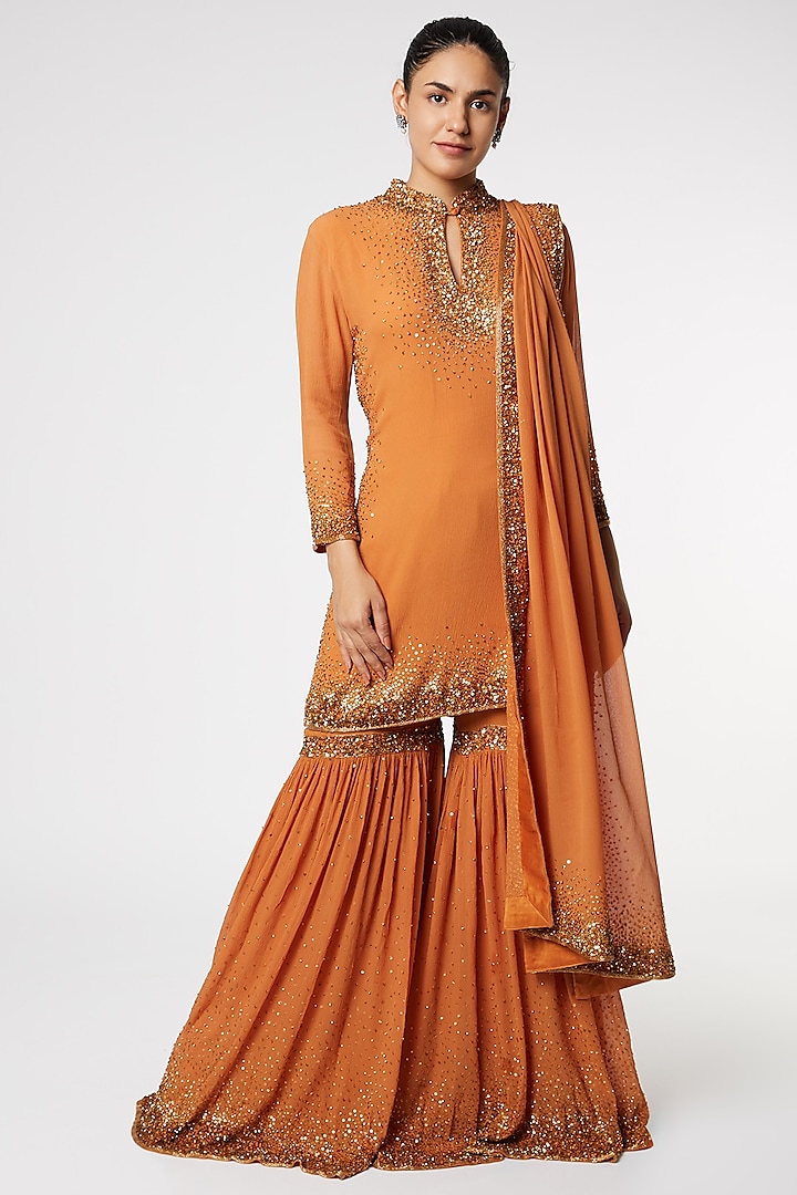 Orange Embroidered Sharara Set by Nakul Sen