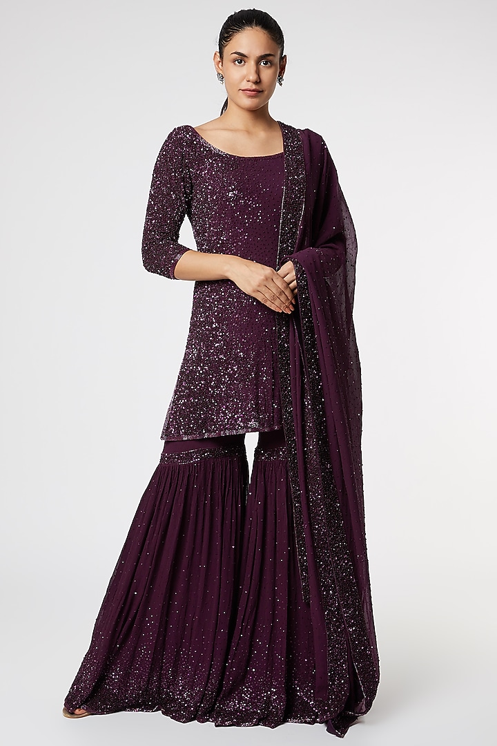 Purple Sequins Sharara Set by Nakul Sen
