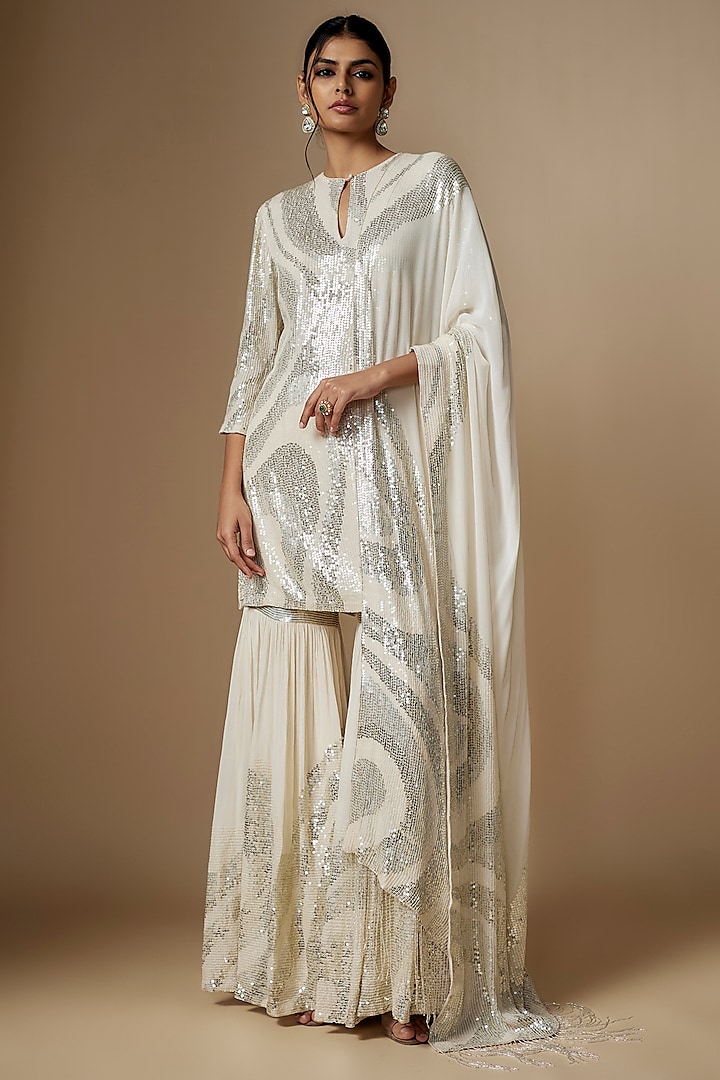 Ivory & Silver Chiffon Sequins Embroidered Gharara Set by Nakul Sen