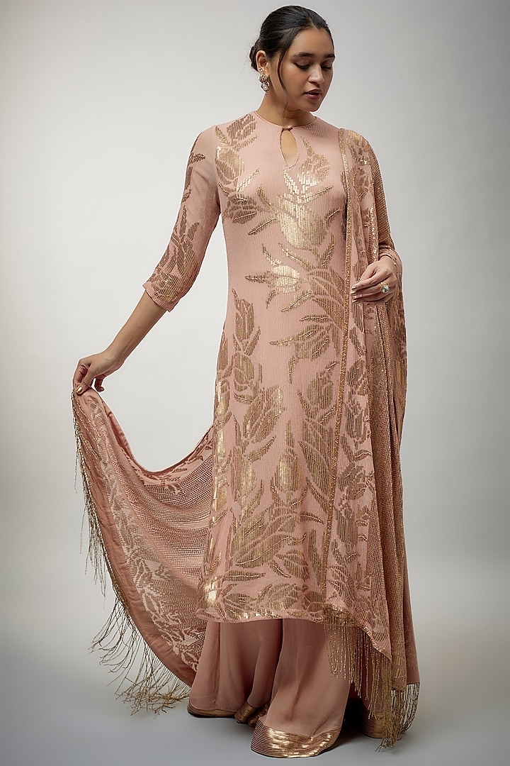 Blush Pink Chiffon Sequins Embroidered Kurta Set by Nakul Sen at Pernia's Pop Up Shop