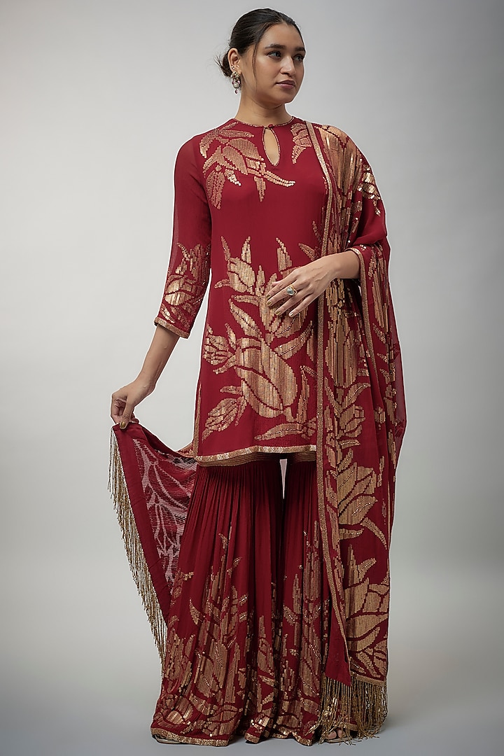 Red Chiffon Sequins Embroidered Sharara Set by Nakul Sen