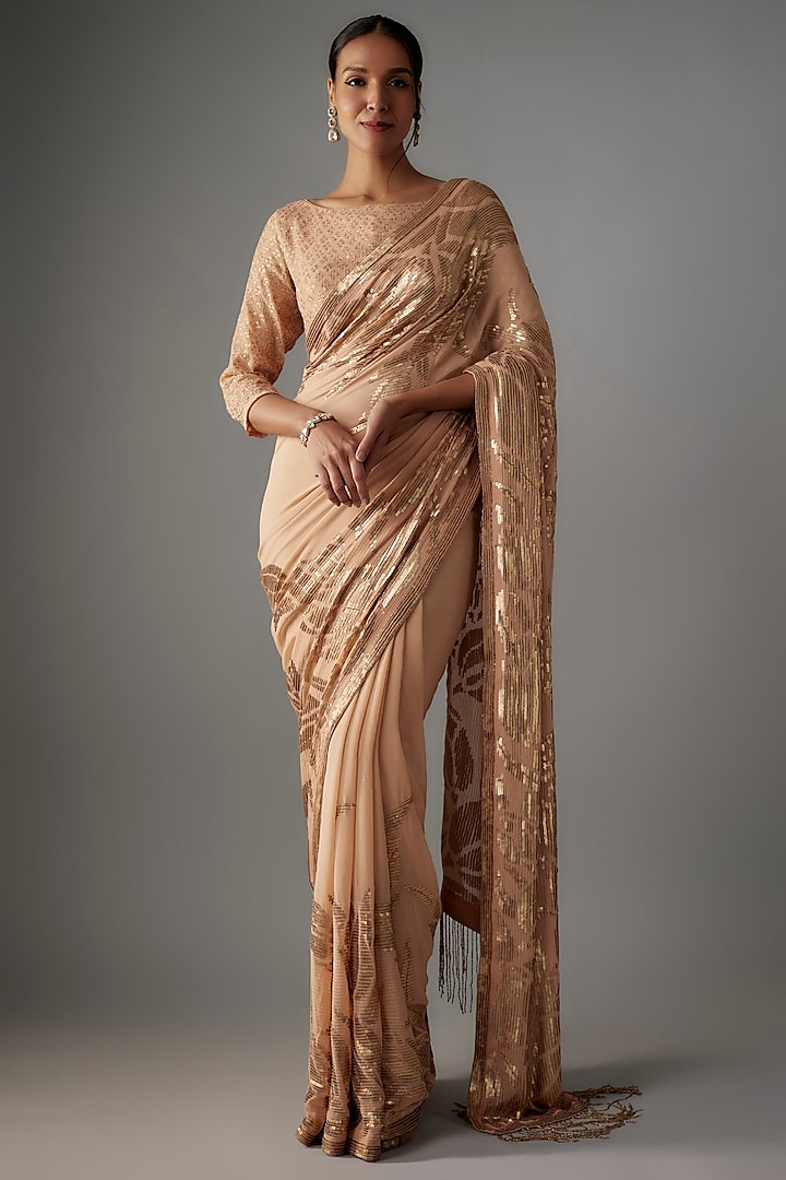 Peach Chiffon Sequins Embroidered Saree Set by Nakul Sen at Pernia's Pop Up Shop