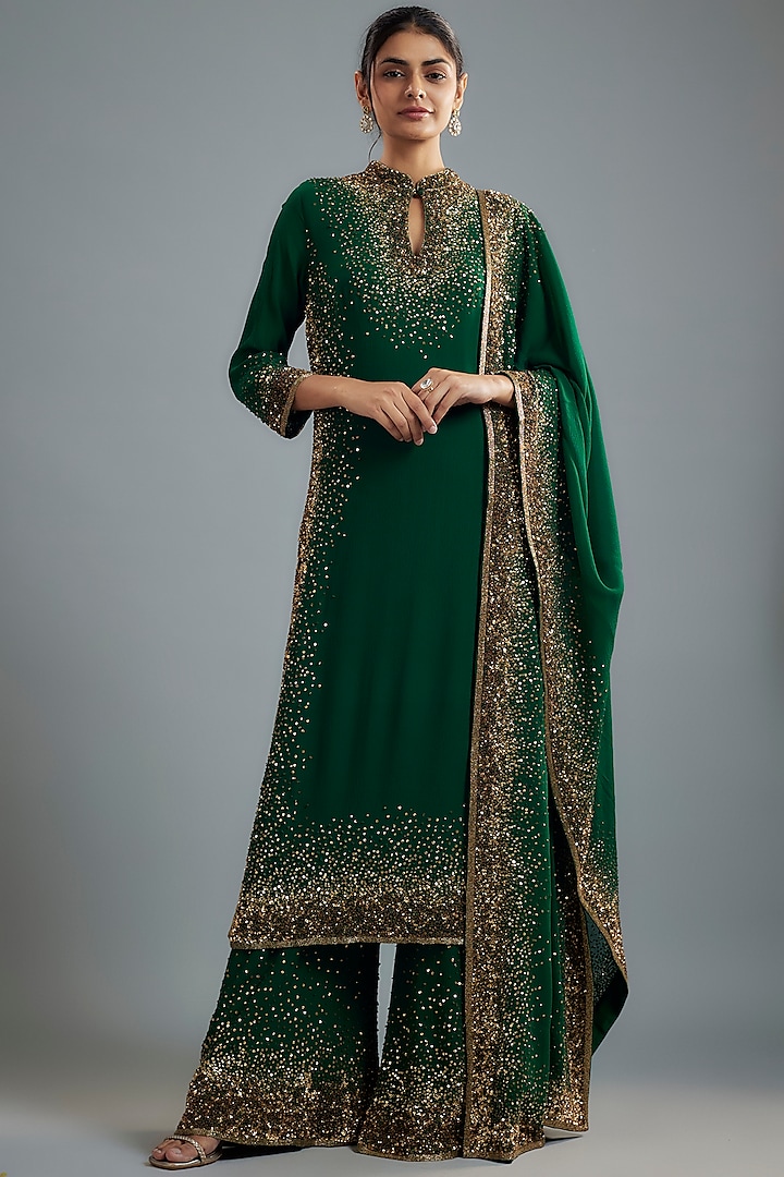 Emerald Chiffon Sequins Embroidered Kurta Set by Nakul Sen at Pernia's Pop Up Shop