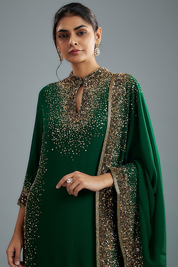 Emerald Chiffon Sequins Embroidered Kurta Set by Nakul Sen at Pernia's Pop Up Shop