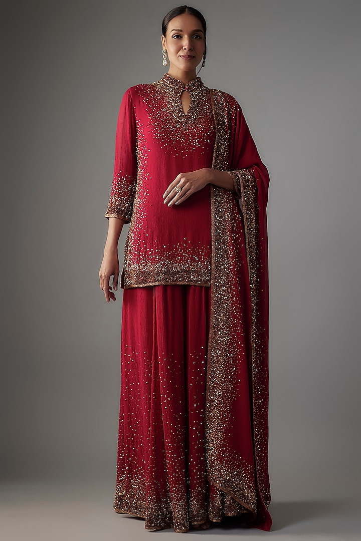 Red Chiffon Sequins Embroidered Bridal Sharara Set by Nakul Sen at Pernia's Pop Up Shop
