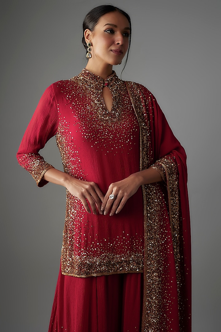 Red Chiffon Sequins Embroidered Bridal Sharara Set by Nakul Sen at Pernia's Pop Up Shop