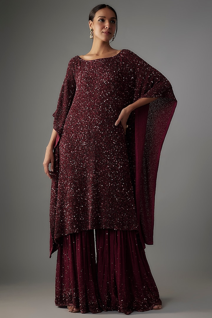 Wine Chiffon Sequins Embroidered Sharara Set by Nakul Sen at Pernia's Pop Up Shop