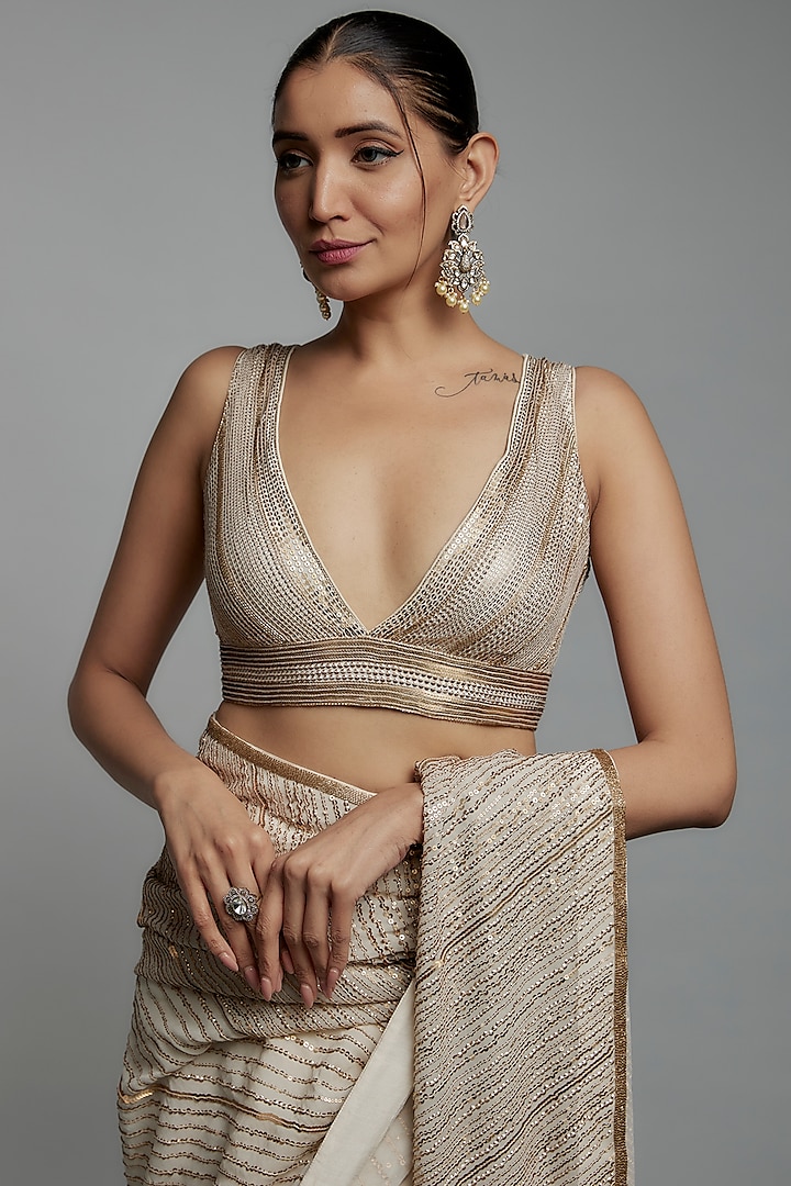 Ivory Chiffon Sequins Embroidered Reception Saree Set by Nakul Sen at Pernia's Pop Up Shop