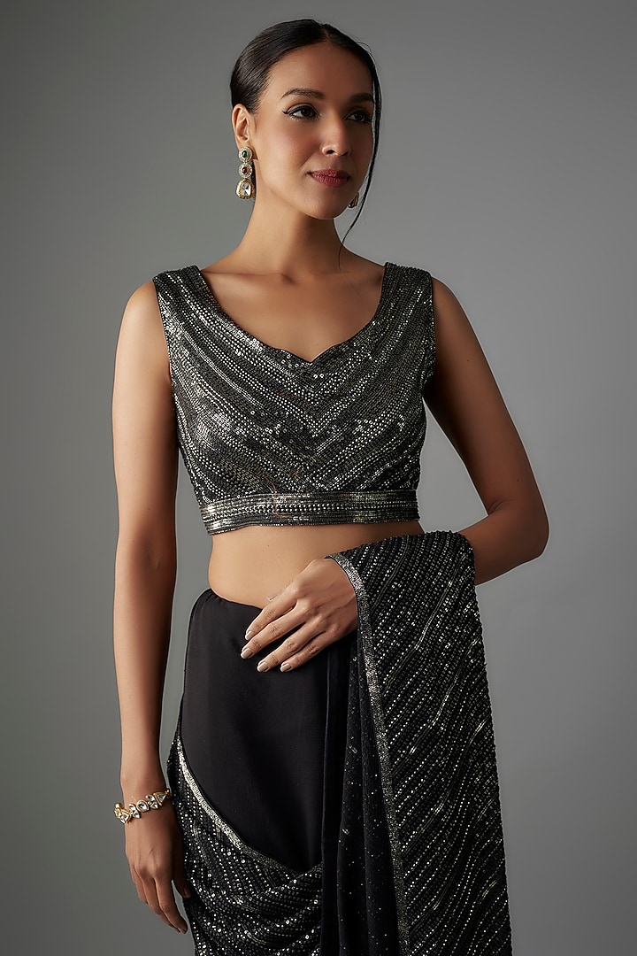 Black Chiffon Gunmetal Sequins Embroidered Reception Saree Set by Nakul Sen at Pernia's Pop Up Shop