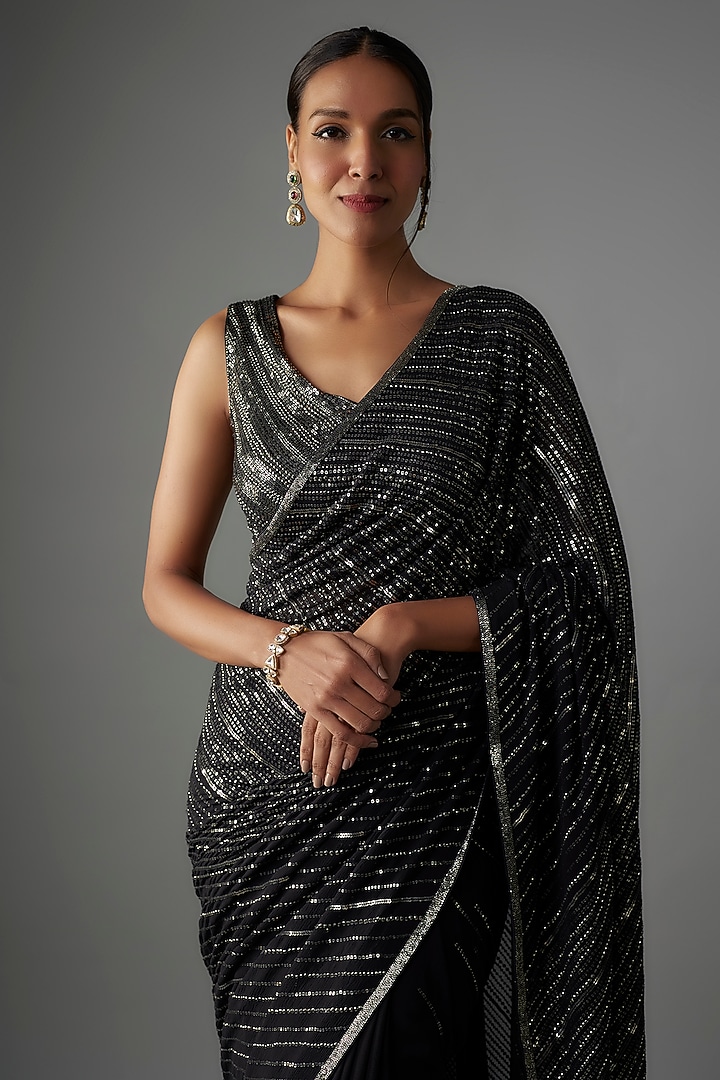Black Chiffon Gunmetal Sequins Embroidered Reception Saree Set by Nakul Sen at Pernia's Pop Up Shop