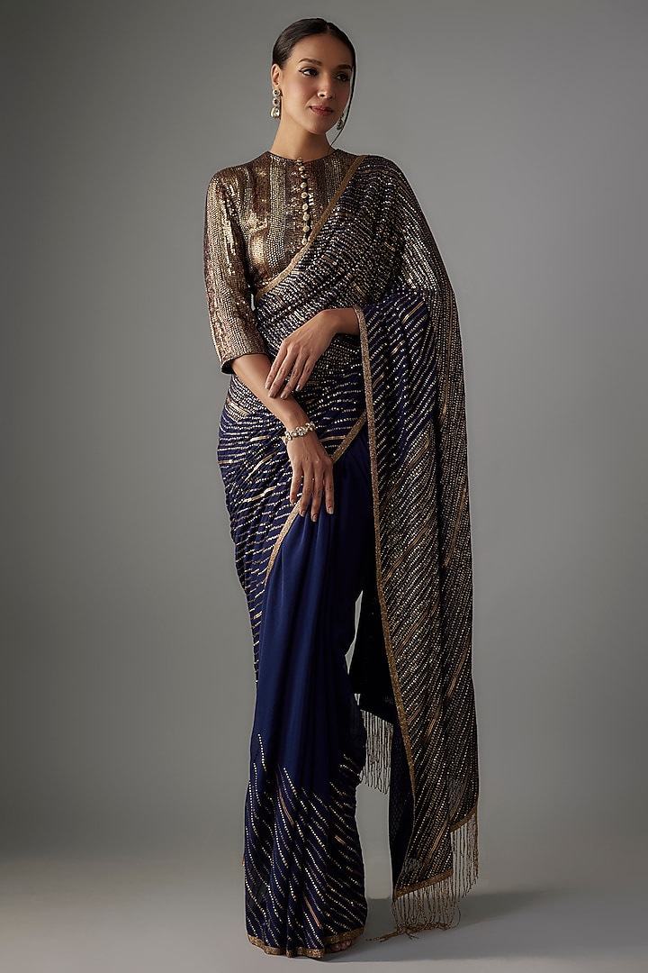 Navy Blue Chiffon Sequins Embroidered Reception Saree Set by Nakul Sen at Pernia's Pop Up Shop