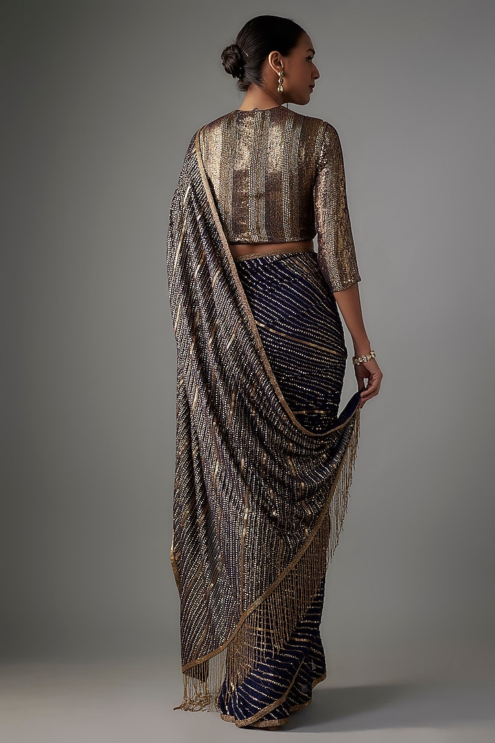 Navy Blue Chiffon Sequins Embroidered Reception Saree Set by Nakul Sen at Pernia's Pop Up Shop