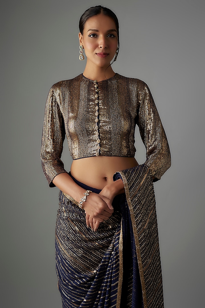 Navy Blue Chiffon Sequins Embroidered Reception Saree Set by Nakul Sen at Pernia's Pop Up Shop