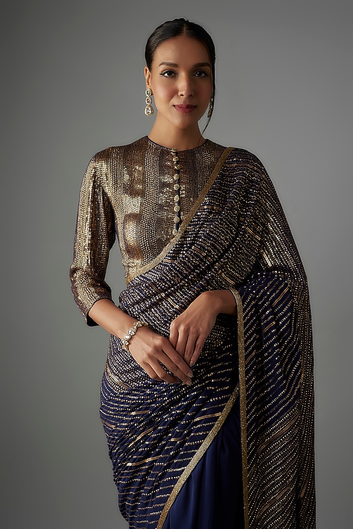 Navy Blue Chiffon Sequins Embroidered Reception Saree Set by Nakul Sen at Pernia's Pop Up Shop