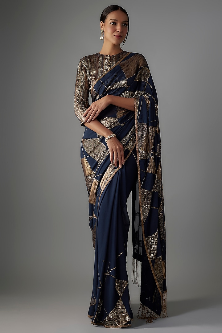 Blue Chiffon Sequins Embroidered Saree Set by Nakul Sen