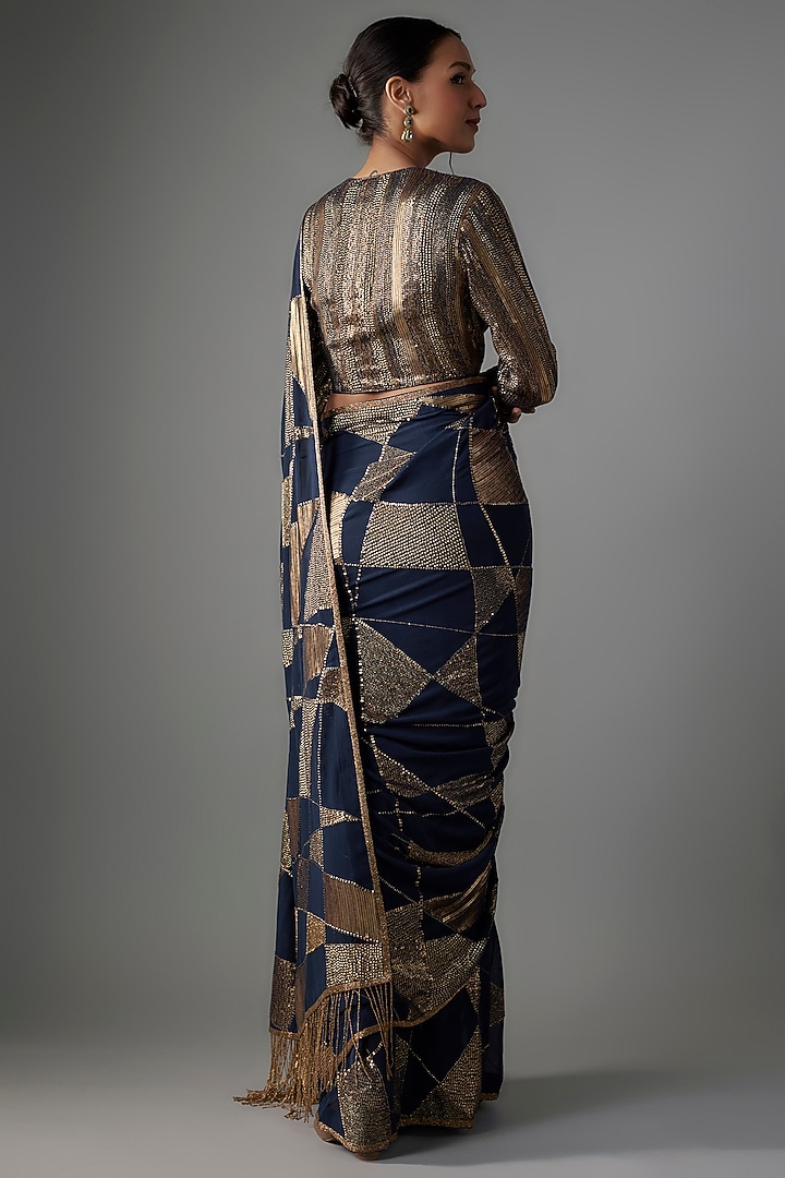 Blue Chiffon Sequins Embroidered Reception Saree Set by Nakul Sen at Pernia's Pop Up Shop