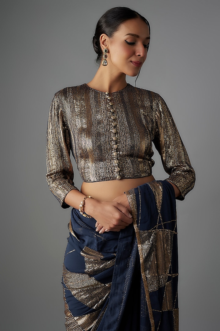 Blue Chiffon Sequins Embroidered Reception Saree Set by Nakul Sen at Pernia's Pop Up Shop