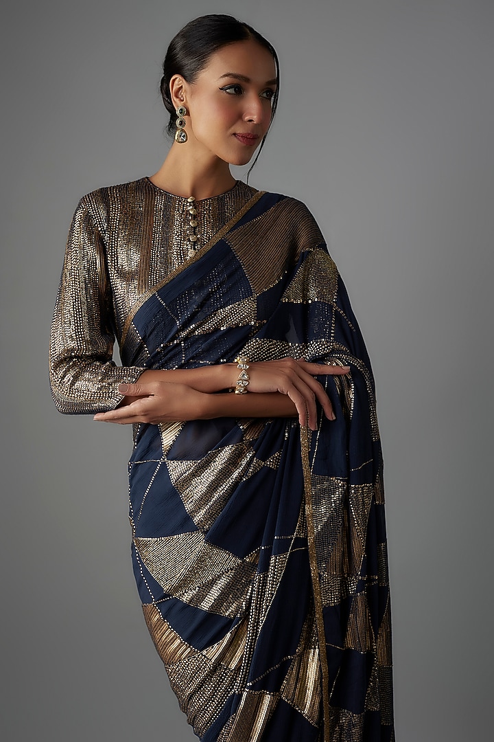 Blue Chiffon Sequins Embroidered Reception Saree Set by Nakul Sen at Pernia's Pop Up Shop