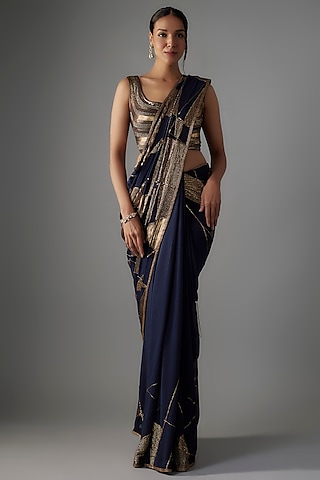 Navy Blue Chiffon Sequins Embroidered Saree Set by Nakul Sen