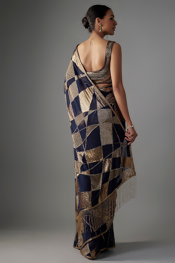 Navy Blue Chiffon Sequins Embroidered Reception Saree Set by Nakul Sen at Pernia's Pop Up Shop