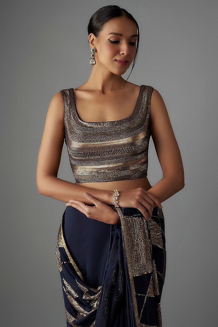 Navy Blue Chiffon Sequins Embroidered Reception Saree Set by Nakul Sen at Pernia's Pop Up Shop