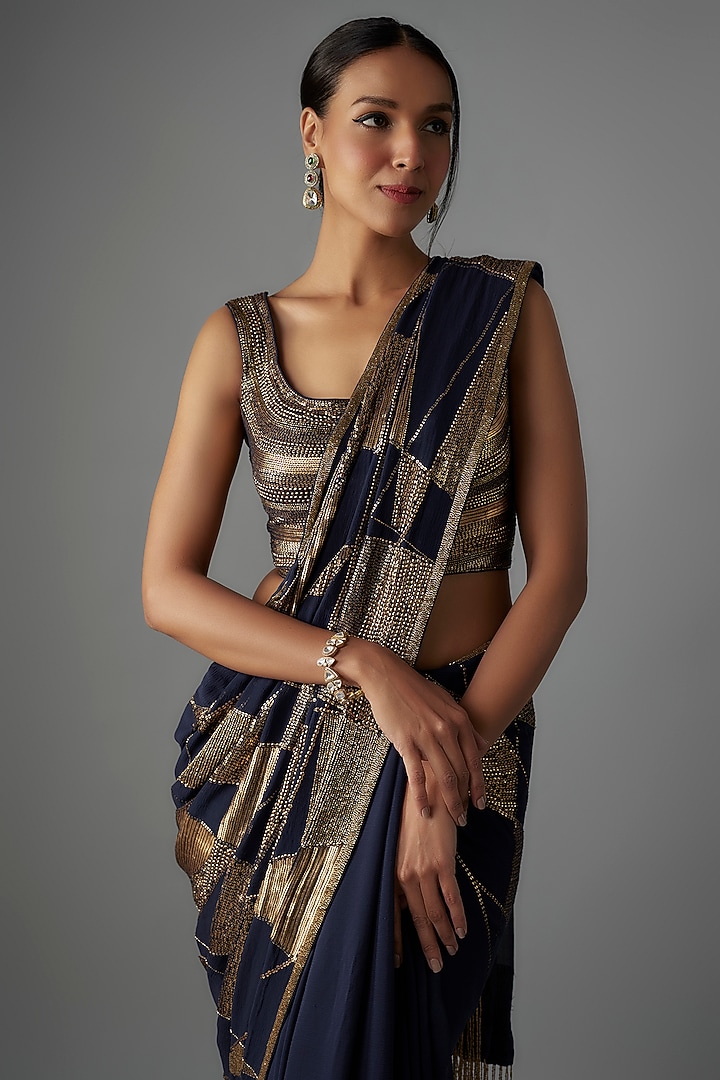 Navy Blue Chiffon Sequins Embroidered Reception Saree Set by Nakul Sen at Pernia's Pop Up Shop