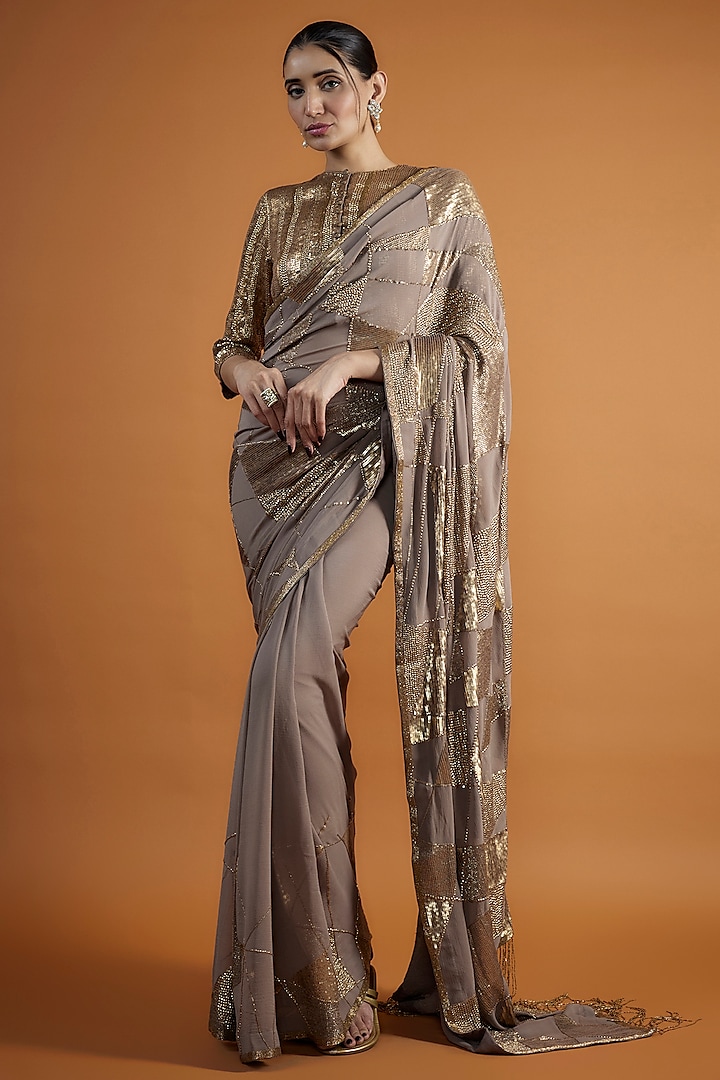 Mouse Chiffon Sequins Embroidered Saree Set by Nakul Sen