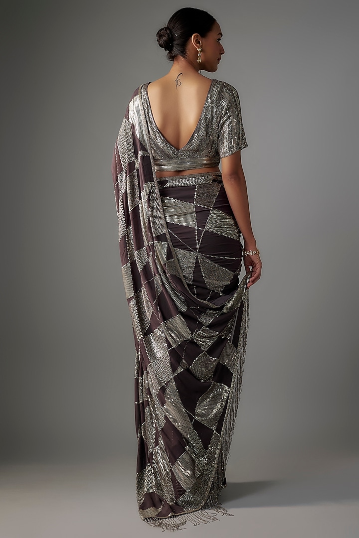 Charcoal Chiffon Sequins Embroidered Reception Saree Set by Nakul Sen at Pernia's Pop Up Shop