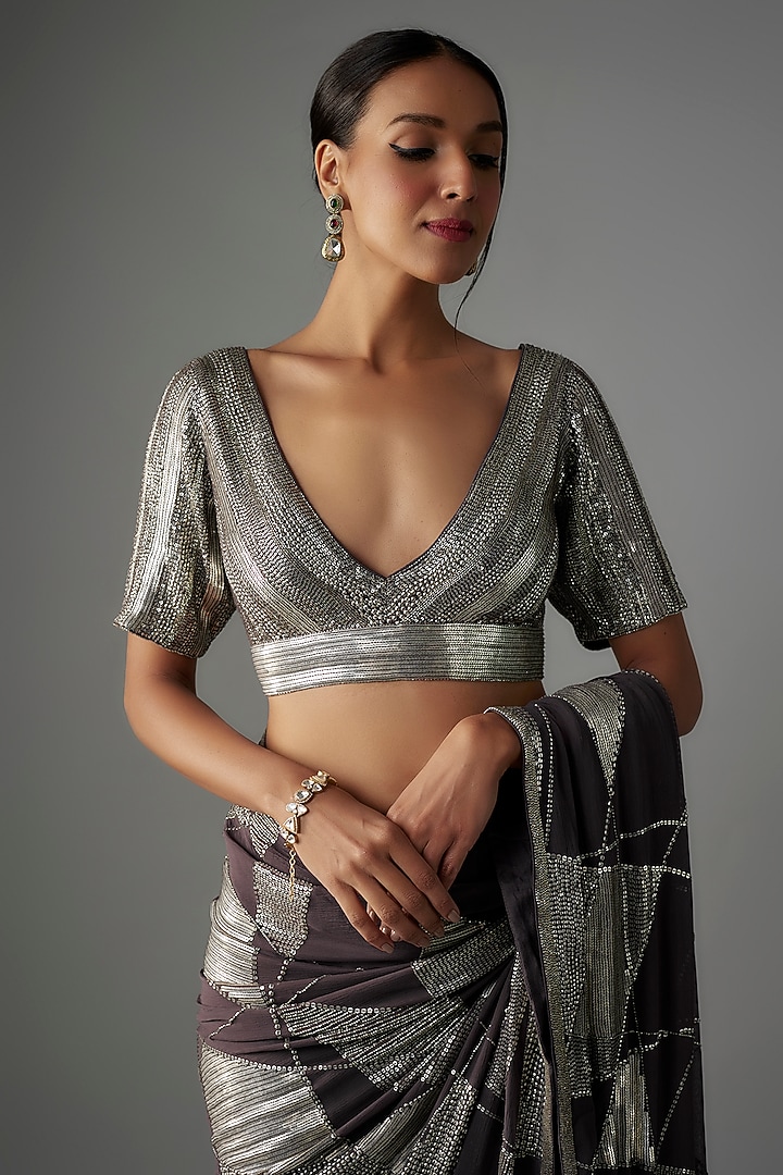 Charcoal Chiffon Sequins Embroidered Reception Saree Set by Nakul Sen at Pernia's Pop Up Shop