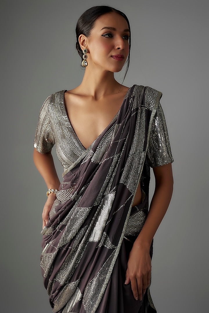 Charcoal Chiffon Sequins Embroidered Reception Saree Set by Nakul Sen at Pernia's Pop Up Shop