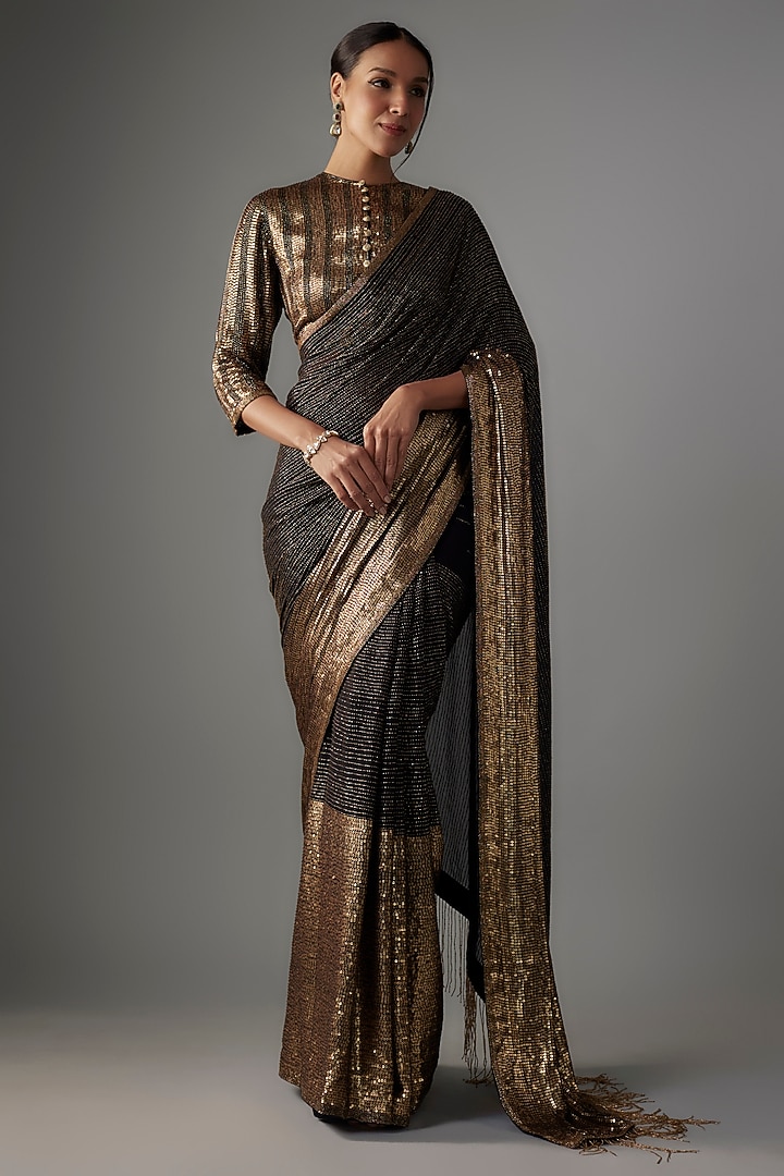 Black Chiffon Sequins Embroidered Bridal Saree Set by Nakul Sen at Pernia's Pop Up Shop