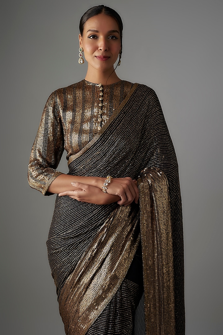 Black Chiffon Sequins Embroidered Bridal Saree Set by Nakul Sen at Pernia's Pop Up Shop