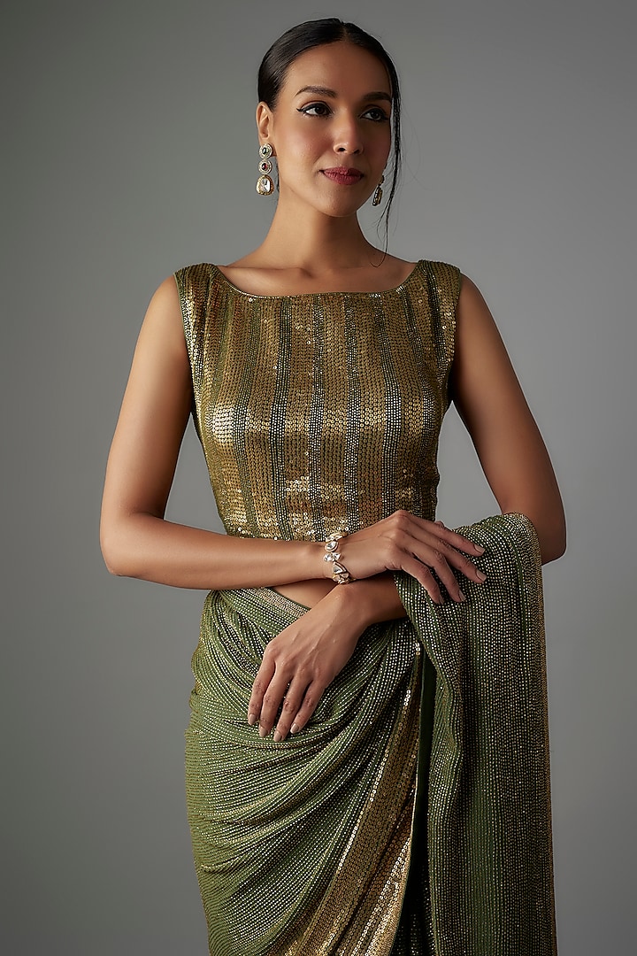 Basil Green Chiffon Sequins Embroidered Bridal Saree Set by Nakul Sen at Pernia's Pop Up Shop