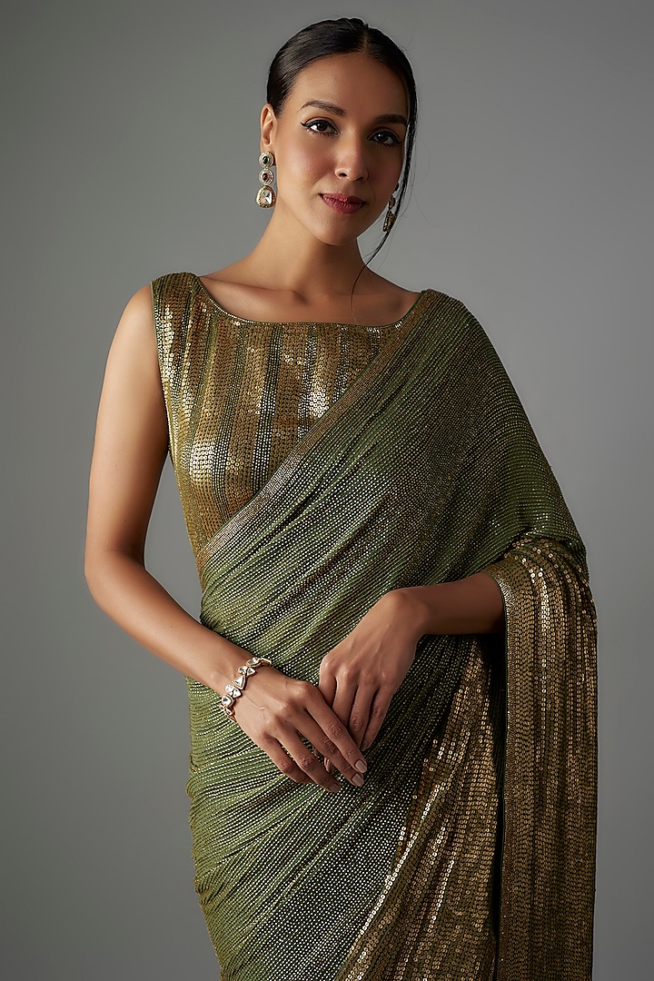 Basil Green Chiffon Sequins Embroidered Bridal Saree Set by Nakul Sen at Pernia's Pop Up Shop
