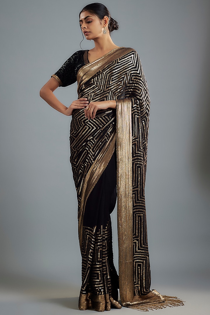 Black Chiffon Sequins Embroidered Saree Set by Nakul Sen