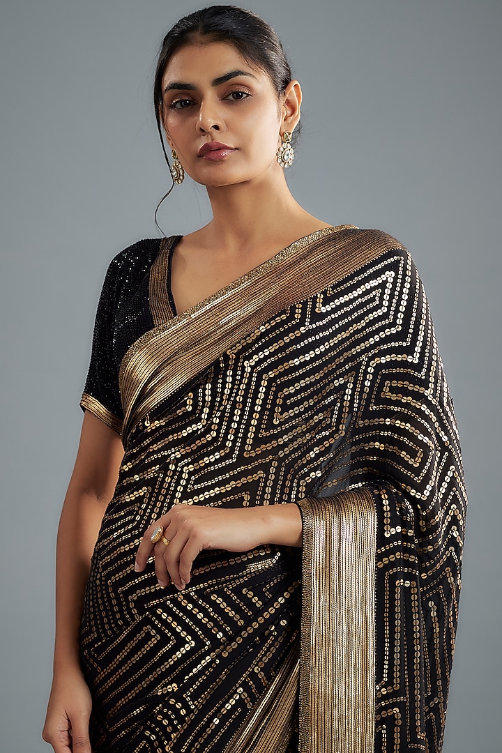 Black Chiffon Sequins Embroidered Bridal Saree Set by Nakul Sen at Pernia's Pop Up Shop